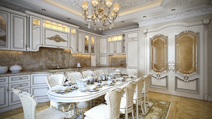 meubles de charme, lustre en cristaux, plafond avec déco en plâtre, dosseret en marbre, décoration baroque