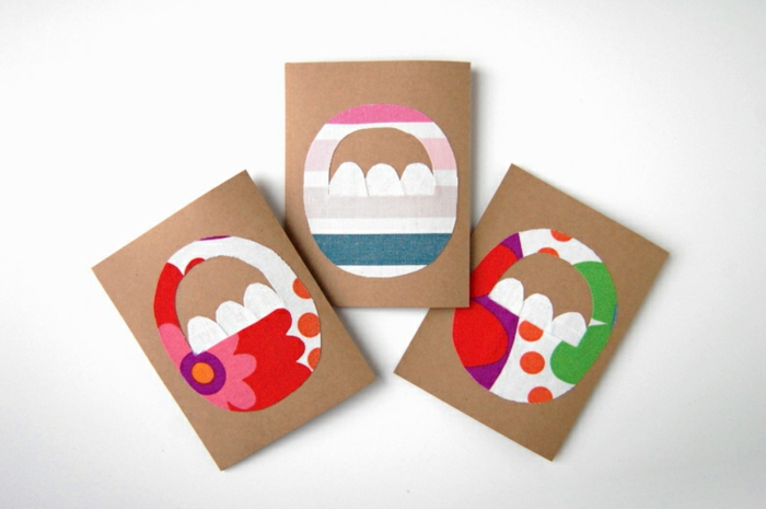 motif panier de paques en tissu multicolore, gabarit sur du papier kraft, idée de carte joyeuses paques à faire soi meme