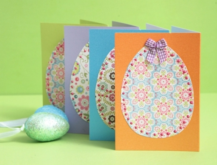 oeuf de paques, motifs floraux shabby chic, petit ruban, idée carte de paques originale, papier multicolore, carte