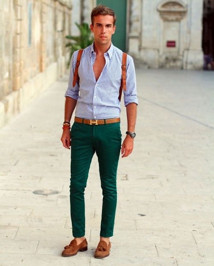 pantalon skinny slim vert foncé chino homme