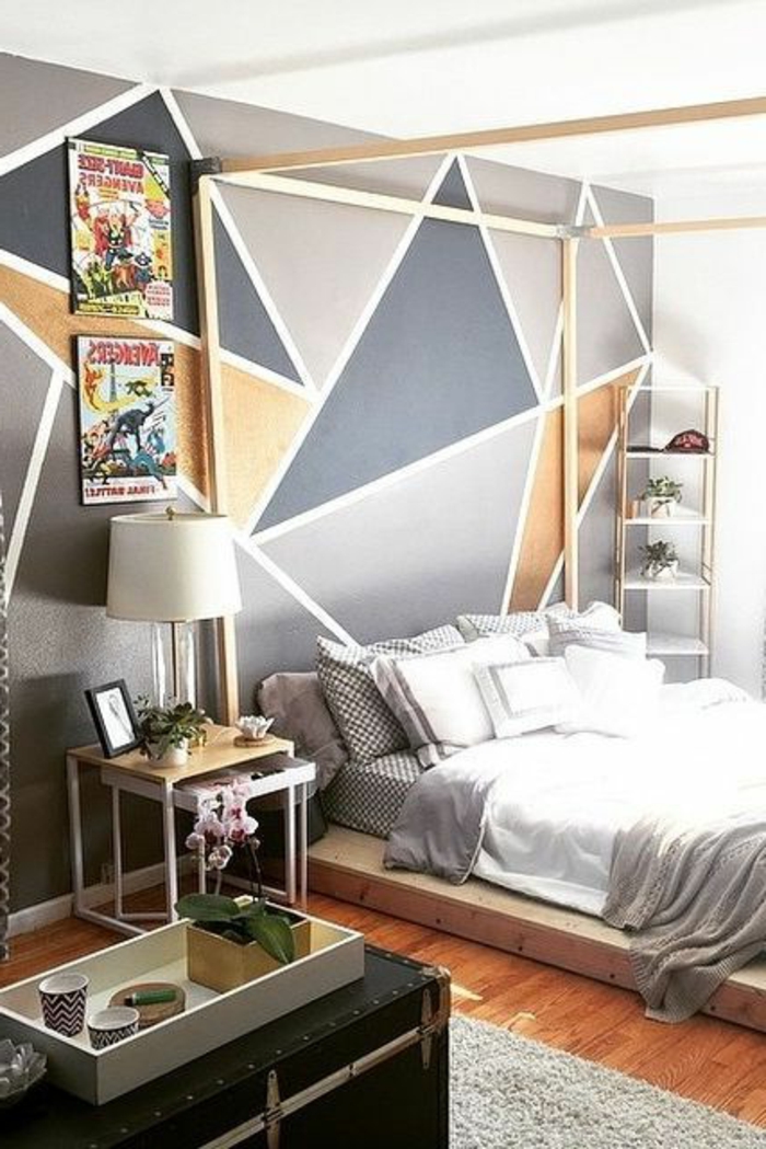 peinture acrylique mur, chambre à coucher originale, lit plateforme 