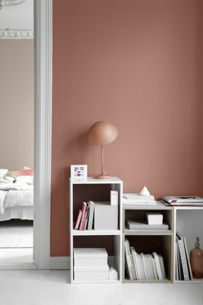 peinture mur salon, étagère basse, mur rose, aménagement simple 