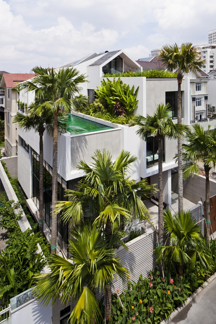 piscine surélevée, palmiers, piscine en béton, façade de maison blanche, piscine hors sol profonde
