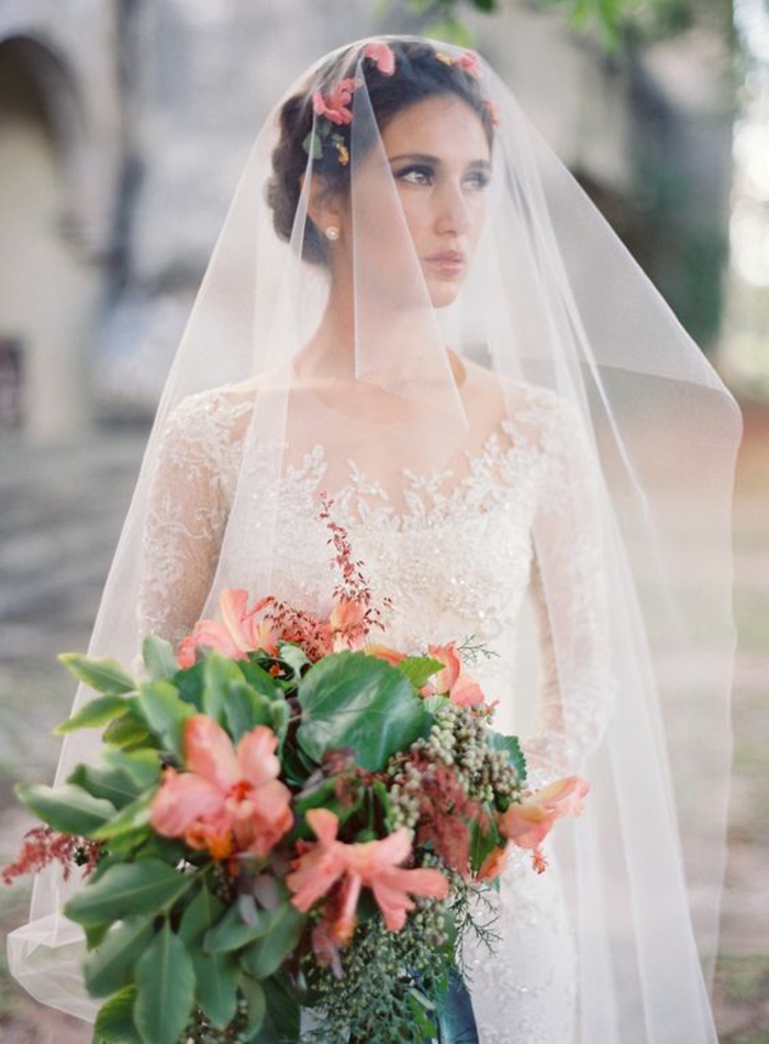 Voile De Mariée Avec Bracelet Fleuri – Couronne Florale Pour Déguisement, Soirée, Halloween Ou Mariage