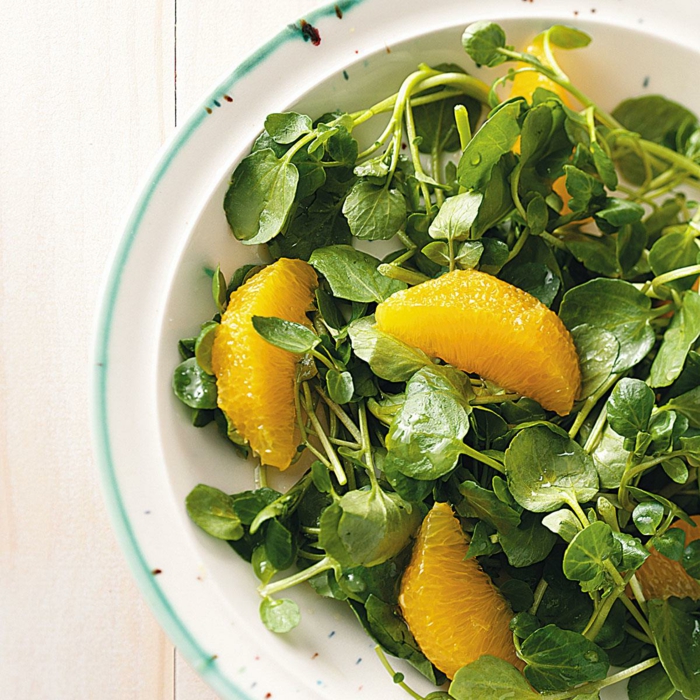 salade cresson et oranges, idée de recette de paques facile, salade verte printemps, fruits légumes