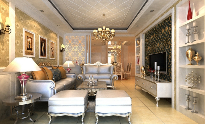 deco baroque, plafond suspendu, papier peint à motifs floraux, meubles de charme, table basse en argent