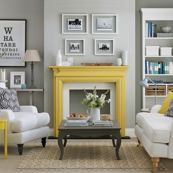 salon gris et jaune, manteau de cheminée jaune, table de salon baroque moderne 