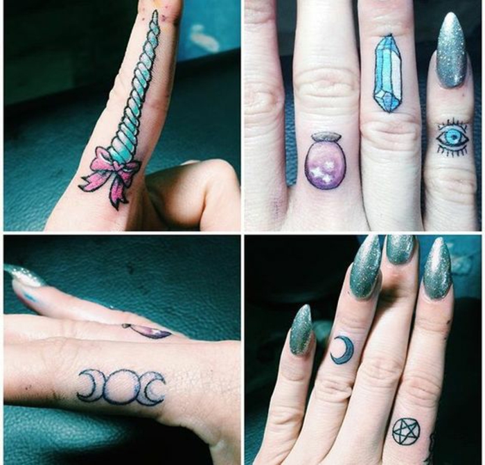 un tatouage doigt femme en couleurs, tatouage à motif cristal et licorne