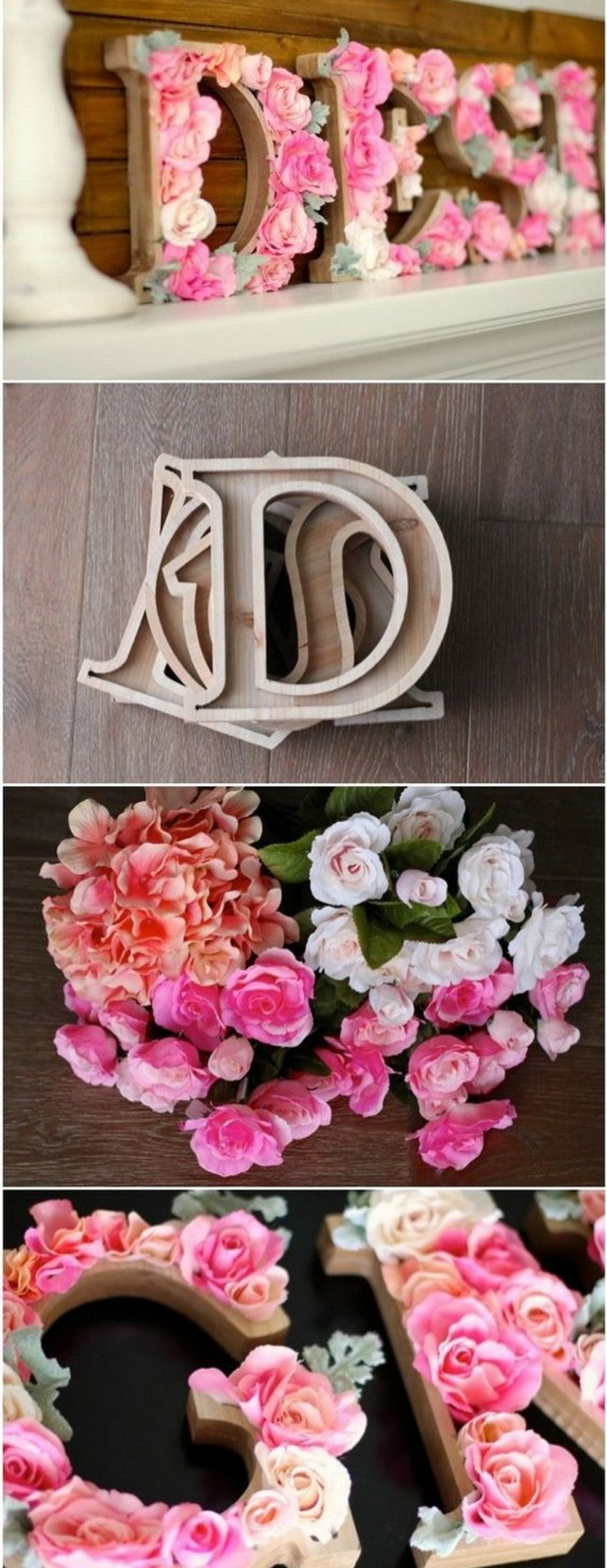 DIY déco chambre, lettre en bois décorée de fleurs rose, idée comment personnaliser la déco dans sa chambre, roses