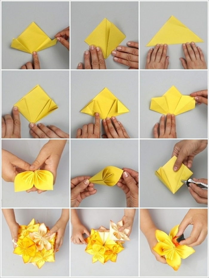 abat jour origami, feuilles de fleur jaune, tuto origami, projet diy en papier