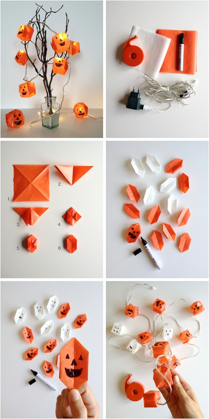suspension origami, décoration pour Halloween, matériaux nécessaires, guirlande lumineuse LED