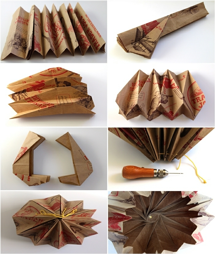 luminaire origami, comment fabriquer une lampe en papier, sac d’épicerie recyclé, fil jaune