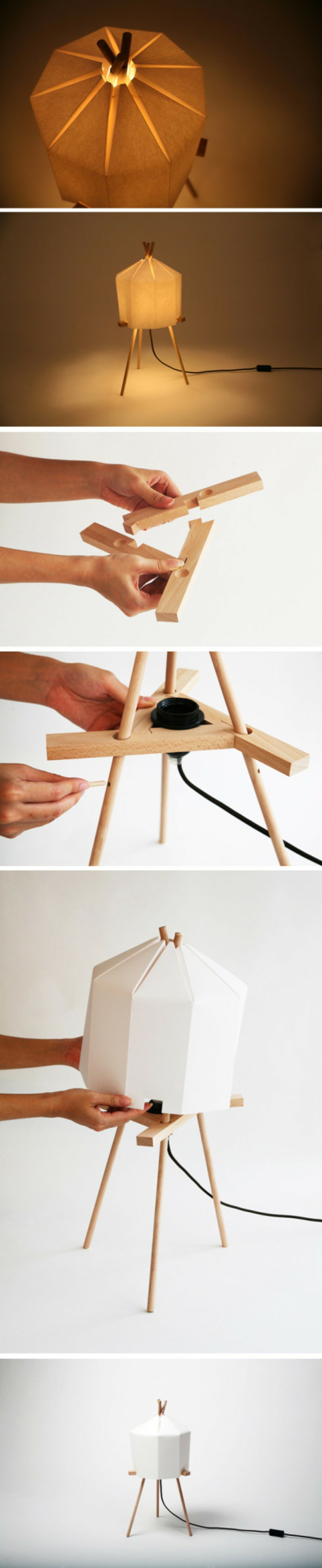 luminaire origami, comment fabriquer une lampe en papier, corde électrique, planchettes en bois