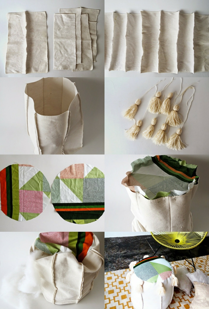 fabriquer un pouf, cercles multicolore, morceaux de tissu beige