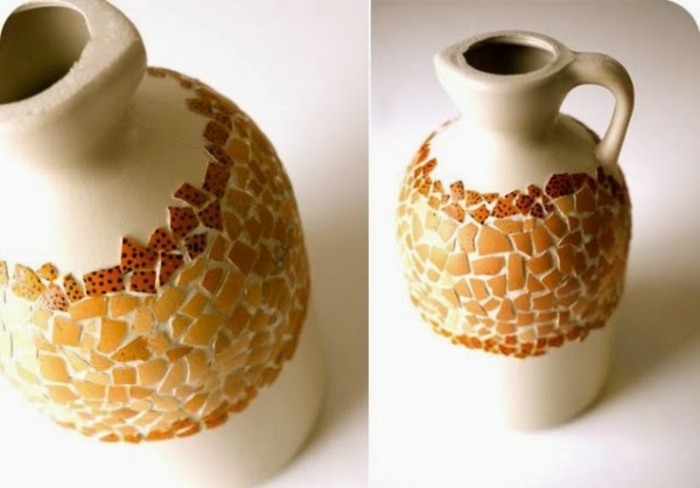 poterie antique, décorée de morceaux de coquilles d oeufs couleur orange, idée activité créative de printemps