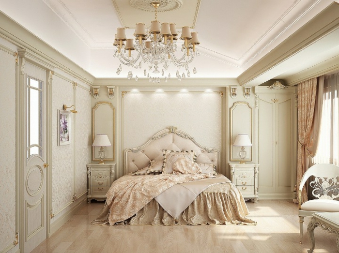 deco campagne chic, grande fenêtre, couverture de lit en lin, miroir doré, chaise blanche, parquet en bois clair