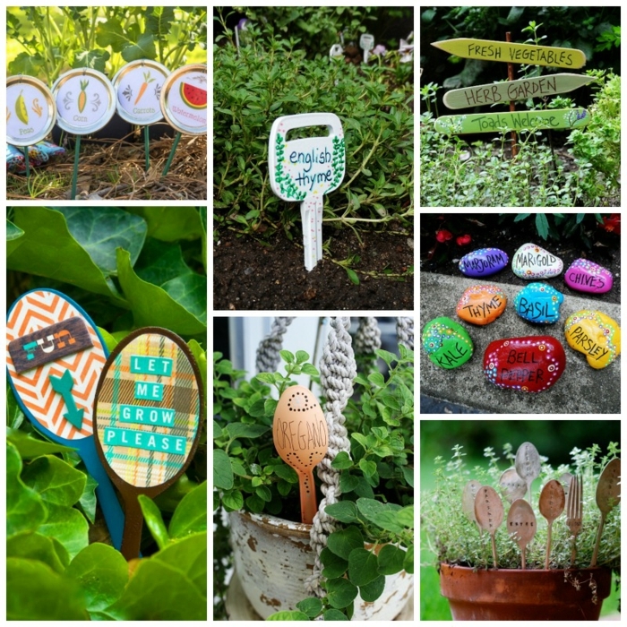 idee deco jardin a faire soi meme, galets peints, enseignes en bois diy, plantes vertes, pot à fleur céramique