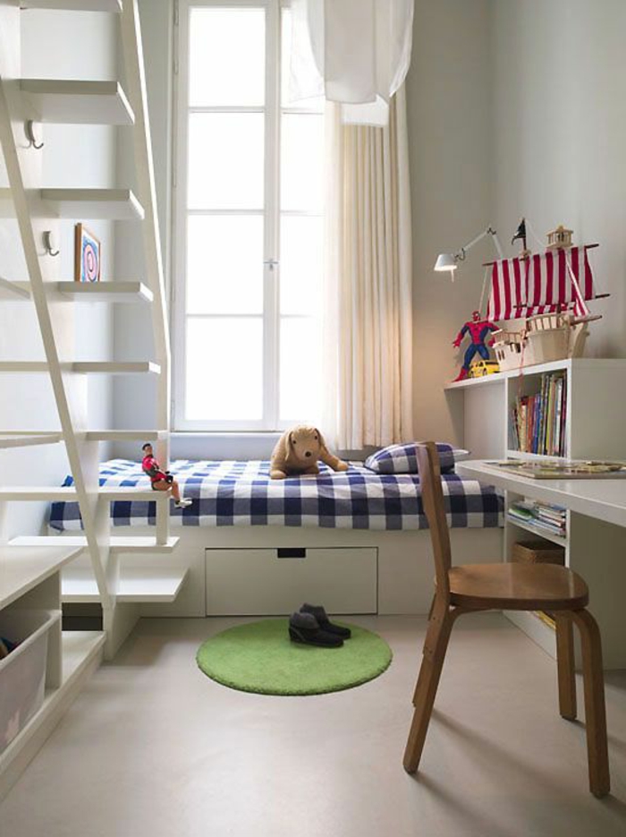 aménager une chambre de 10 m2 comme chambre d'enfant, petit bureau blanc avec étagère