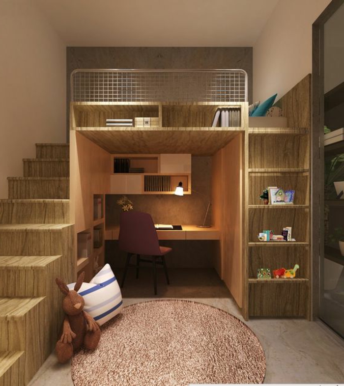 aménager une petite chambre, chambre d'enfant astucieuse, bureau intégré dans la bibliothèque 