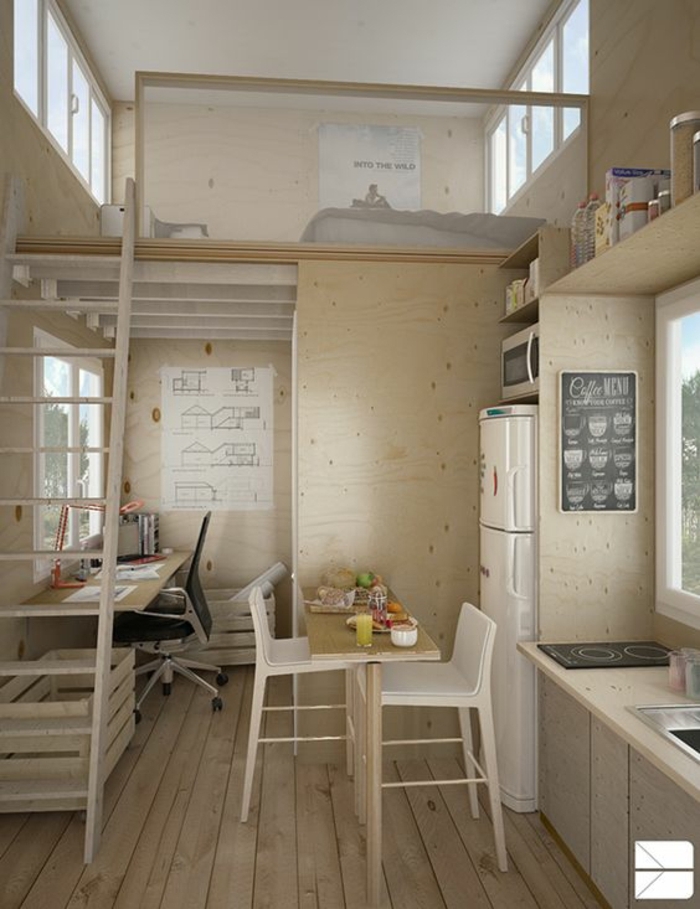 aménager une petite chambre, petit studio à deux étages, table à manger, cuisine, mezzanine 