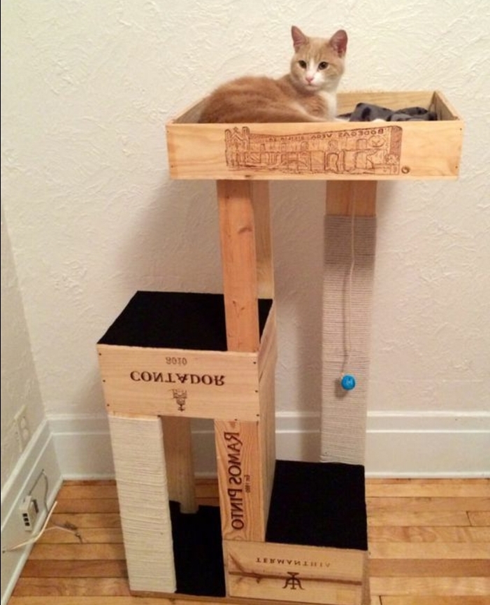 caisses en bois pour fabriquer un arbre à chat à trois niveaux, idée comment fabriquer u lit chat soi meme, chat roux