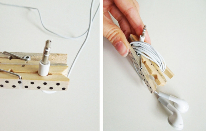 idée diy géniale pour recycler une une pince à linge bois, un porte-écouteur original et personnalisé