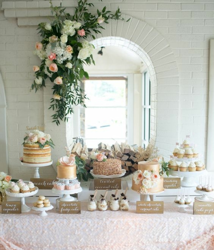 bar à bonbons mariage, nappe rose, cupcakes, gateaux, décoration florale, fleurs, et fond fenêtre et mur blanc, sucette gateau