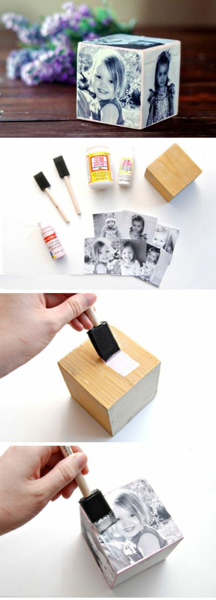 idée coemment fabriquer un cadeau pour la fête des mères, un cube en bois, découpage photos enfant imprimés, fabriquer un cadre photo original