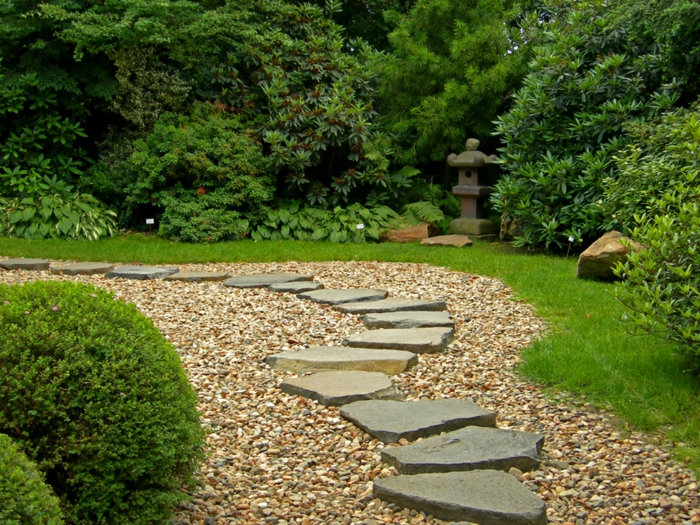 decoration exterieur, chemin en pierre dans le jardin, couverture de sol en pierre et sable, arbres verts