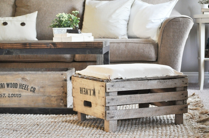 canapé gris, tapis gris clair, table basse en bois et métal, coussins gris et blanc, tabouret en cagette bois
