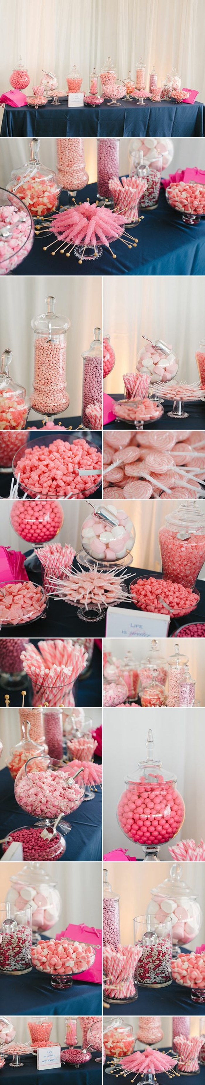 candy bar mariage à faire soi meme, bonbons couleur rose, dragées, guimauves, gélifiées, réglisses, boules de gomme, sucettes, nappe bleue, fond rideau blanc
