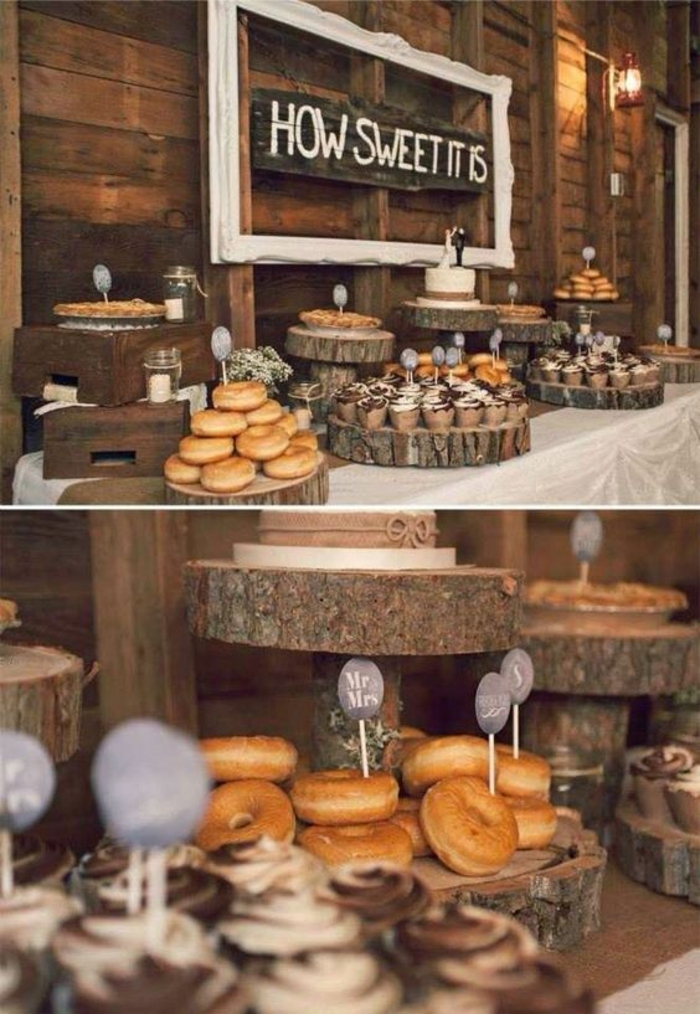 decoration bar a bonbon style rustique, beignets, cupcakes, présentoirs en bois, nappe blanche, planche décorative, étiquettes rondes
