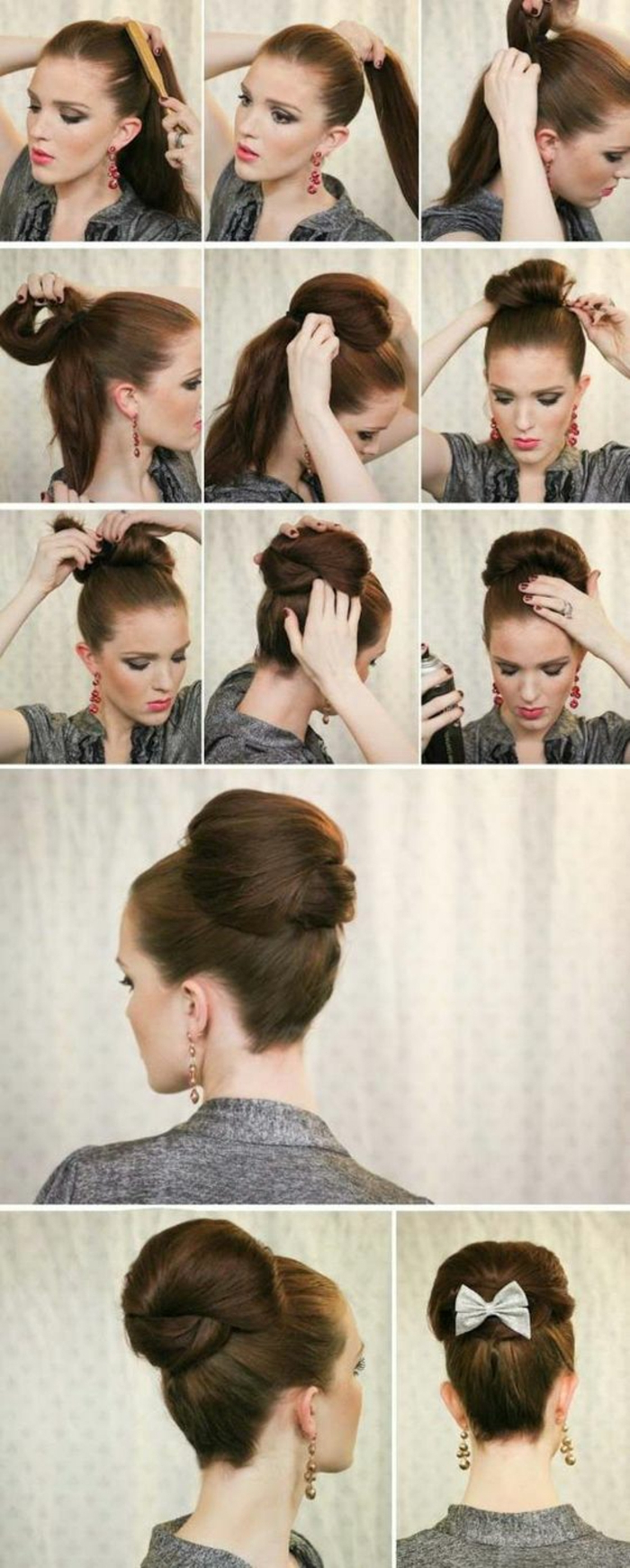 chignon facile a faire, joli chignon avec cheveux longs chataîns