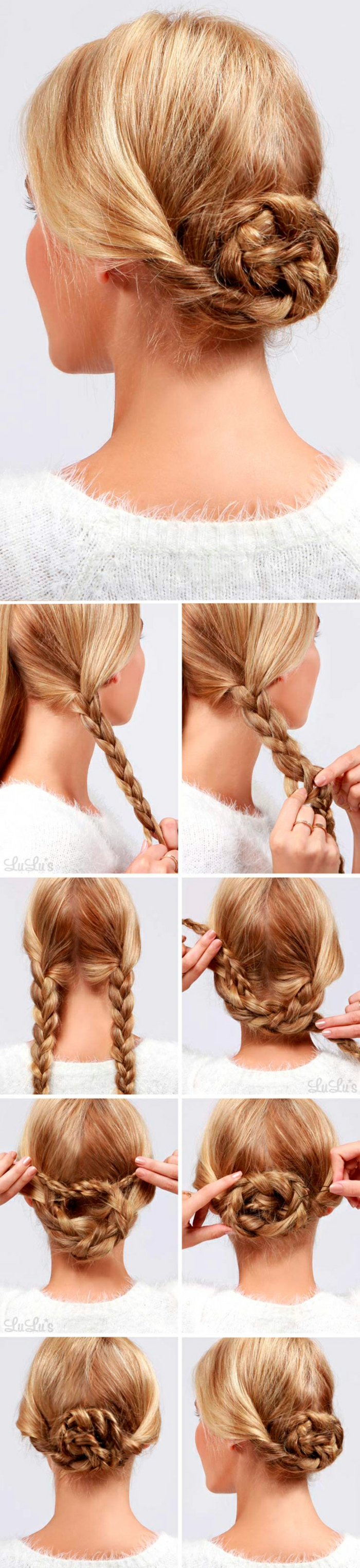 chignon facile et rapide, coiffure style rétro, chignon tressé et enroulé