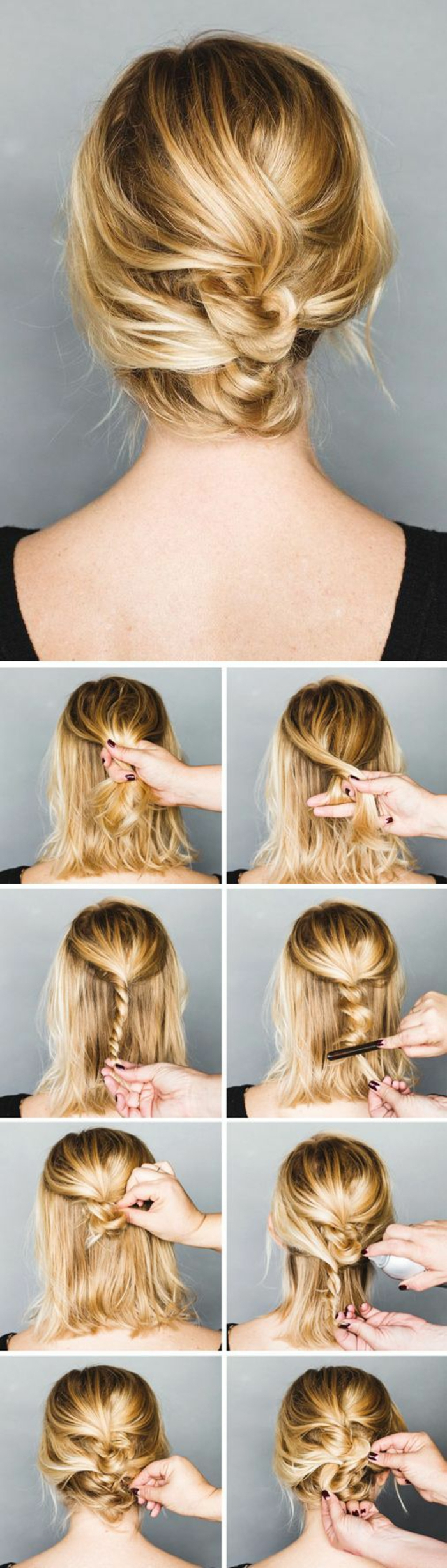 chignon facile à faire, idée coiffure facile pour cheveux mi-longs 