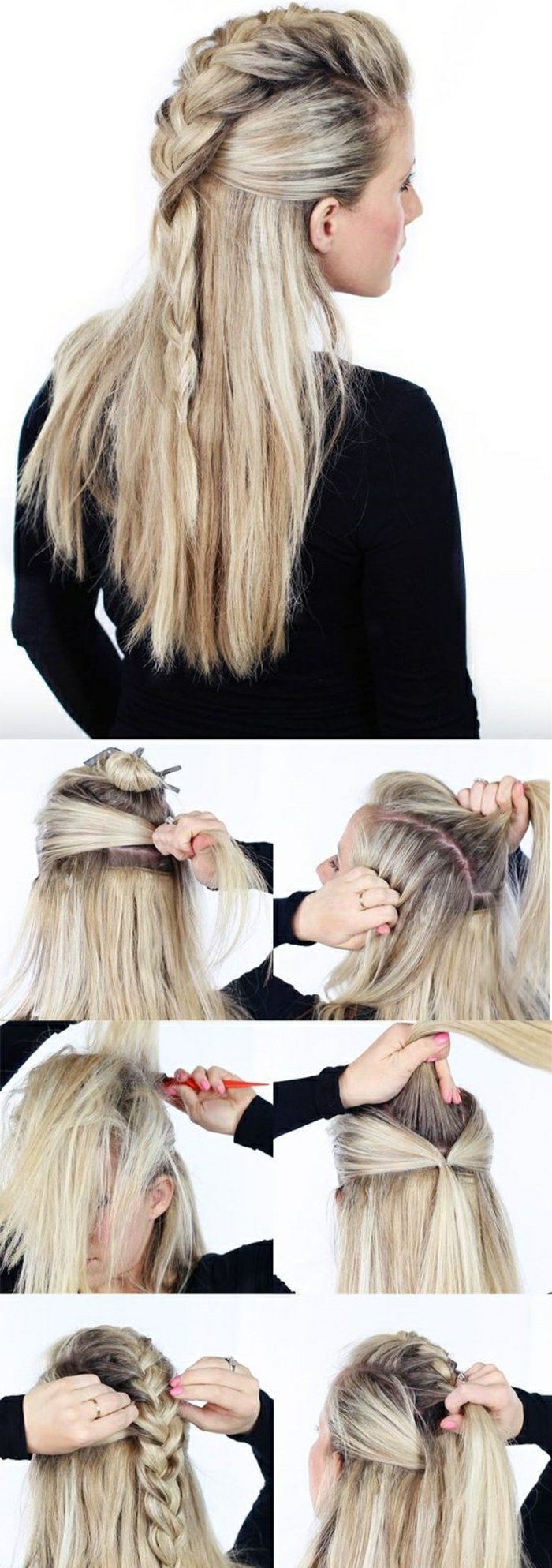 vikings lagertha, cheveux blonds, manucure rose, tutoriel comment faire une coiffure viking, tresse en haut