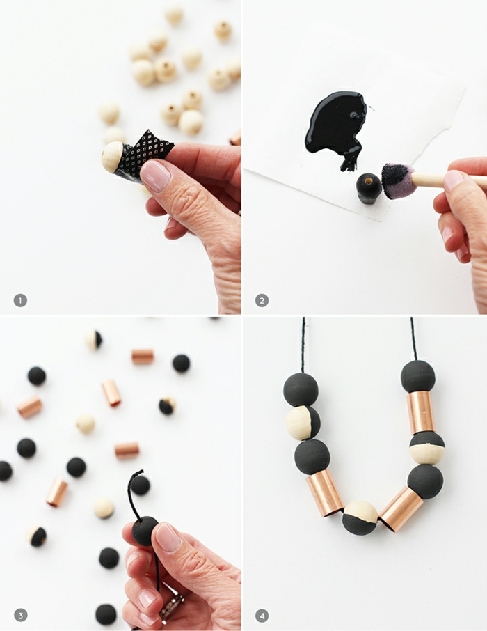 tutoriel pour réaliser un collier en perles bois peintes et en détails cuivrés