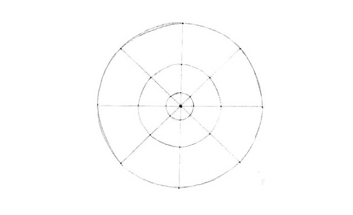 faire un mandala, dessiner des cercles, lignes diagonales, ligne verticale, points noirs, papier blanc, ligne horizontale