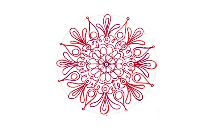 mandala facile a faire, volutes rouges, feuilles rouges, motifs floraux, papier blanc, cercle