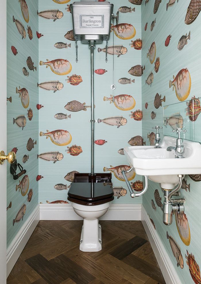 idee deco wc toilette retro tapisserie poissons