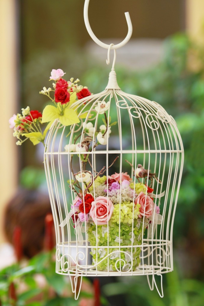  decoration exterieur de jardin, fleurs artificielles, roses en miniature, cage d'oiseaux vintage