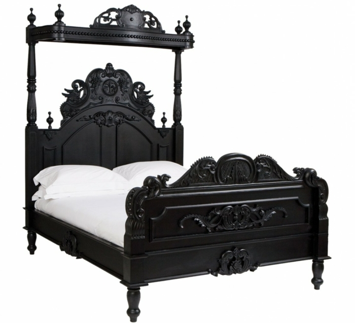  amenagement chambre, modèle de lit noir, cadre de lit en décoration volutes, lit gothique, linge de lit blanc