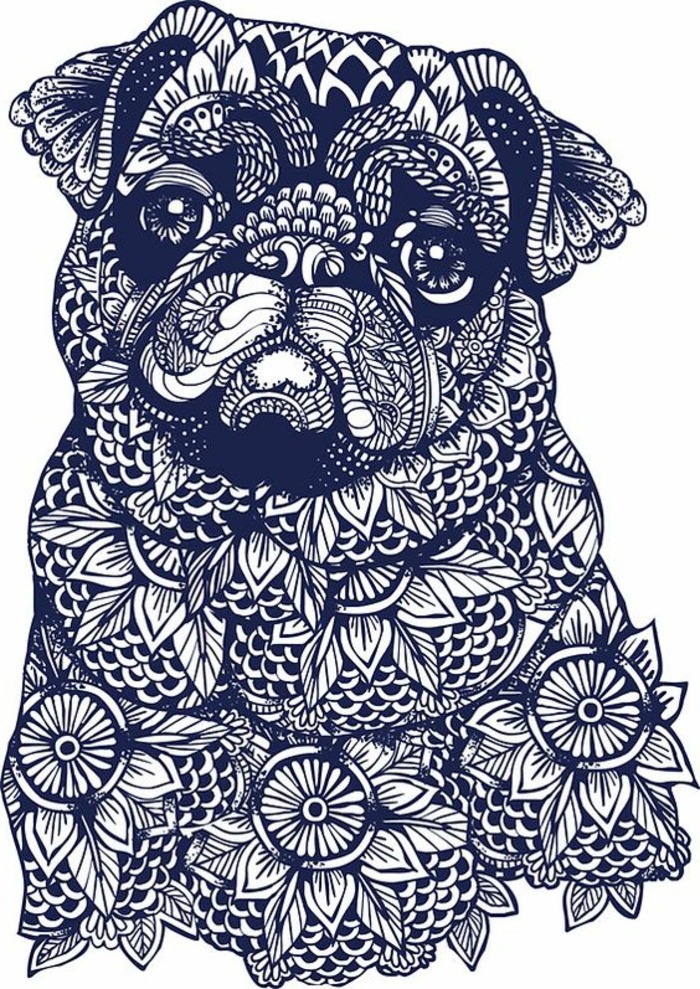 petit mandala, sticker chien mandala, motifs floraux, feuilles, mandala blanc et noir, papier blanc