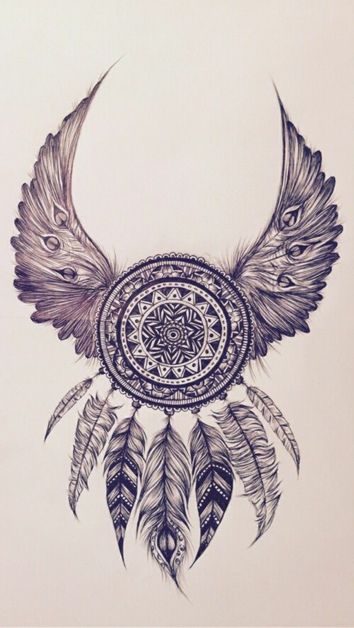 petit mandala, dessin attrape-rêve, ailes en plumes, mandala blanc et noir, papier blanc