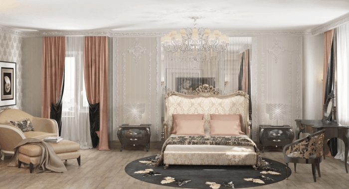 boudoir parisien, parquet en bois clair, chaise longue en beige, rideaux en rose pastel, tapis rond à papillons