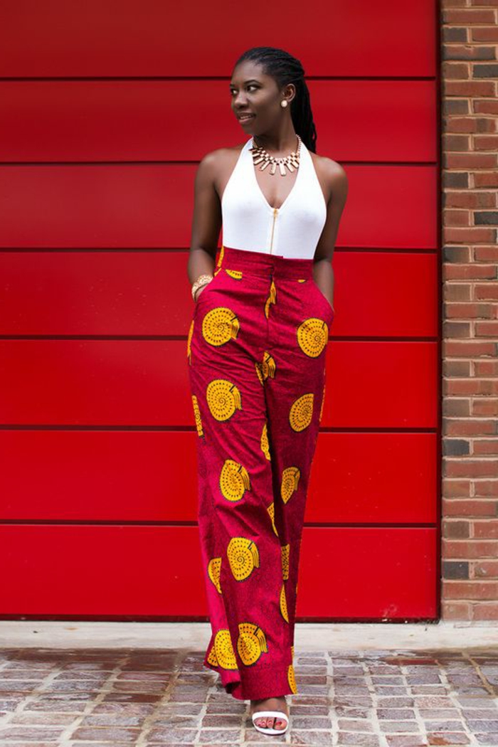 Modele robe africaine robe en pagne tendance pantalon long rouge et jaune