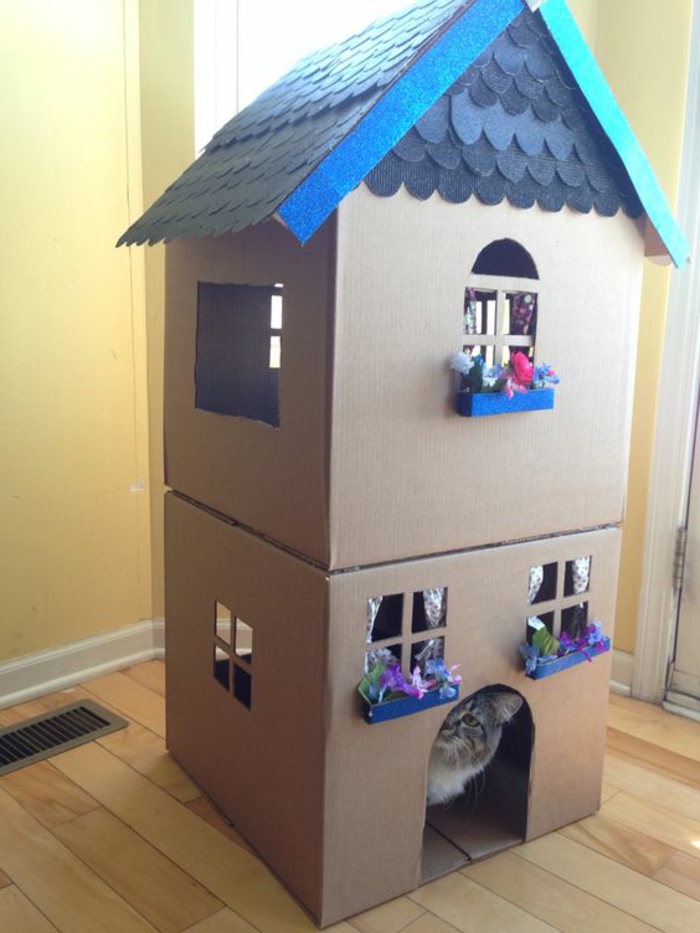 maison en carton pour chat, jardinières aux fenêtres et toiture bleue