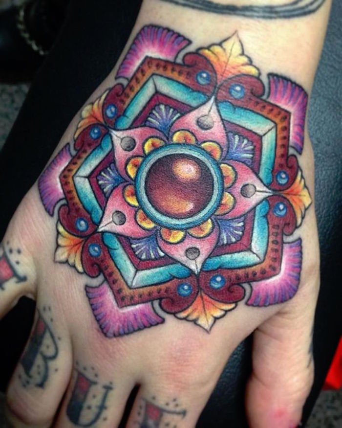 signification tattoo mandala tatouage rosace main couleurs aquarelle