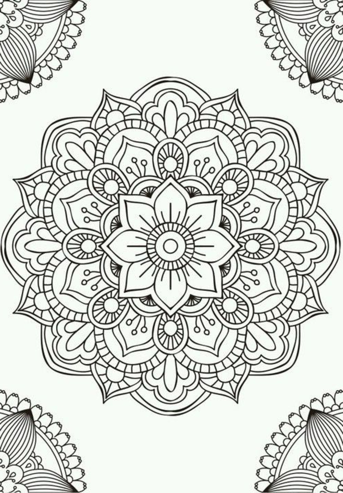 comment dessiner une rosace, mandala à motifs floraux, cercles, feuille, dessin blanc et noir