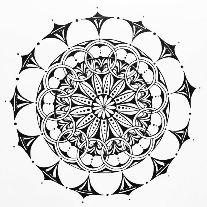 comment dessiner une rosace, dessin mandala blanc et noir, volutes, points